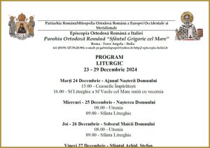 Scopri di più sull'articolo PROGRAM LITURGIC 23 – 29 Decembrie 2024